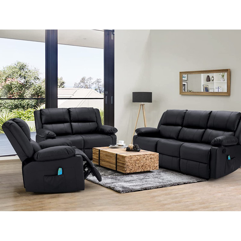 Ensemble de salon inclinable en similicuir Stewumin, Similicuir noir