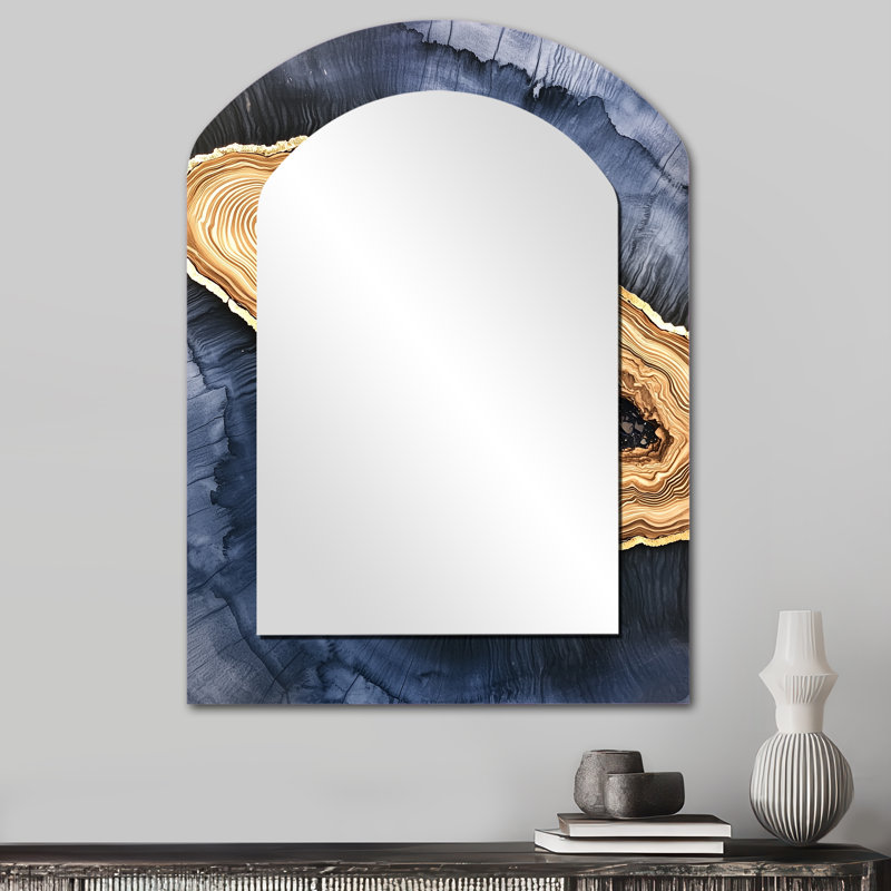 Aqua Crystal And Wood Slide Spiral III - Crystals Arch Wall Mirror, Traditional Asymmetrical Decorative Mirror, Printed Metal Art
