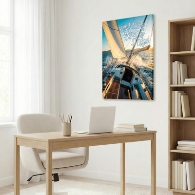 Bateau à voile avec slogan «Forge Ahead Brave The Storm», reproduction d'art sur toile tendue sur toile, ensemble de 1