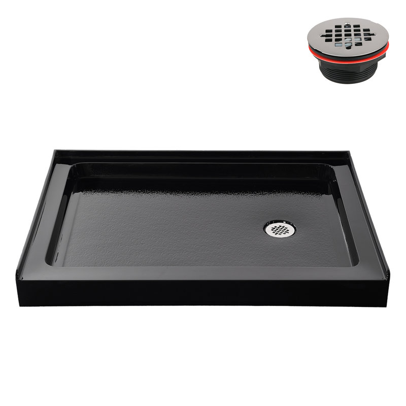 Base de douche 48 po x 36 po Alcove en acrylique noir brillant avec bonde droite, bonde incluse, Noir lustré