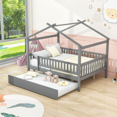 Lit double en bois avec lit gigogne simple et garde-corps
