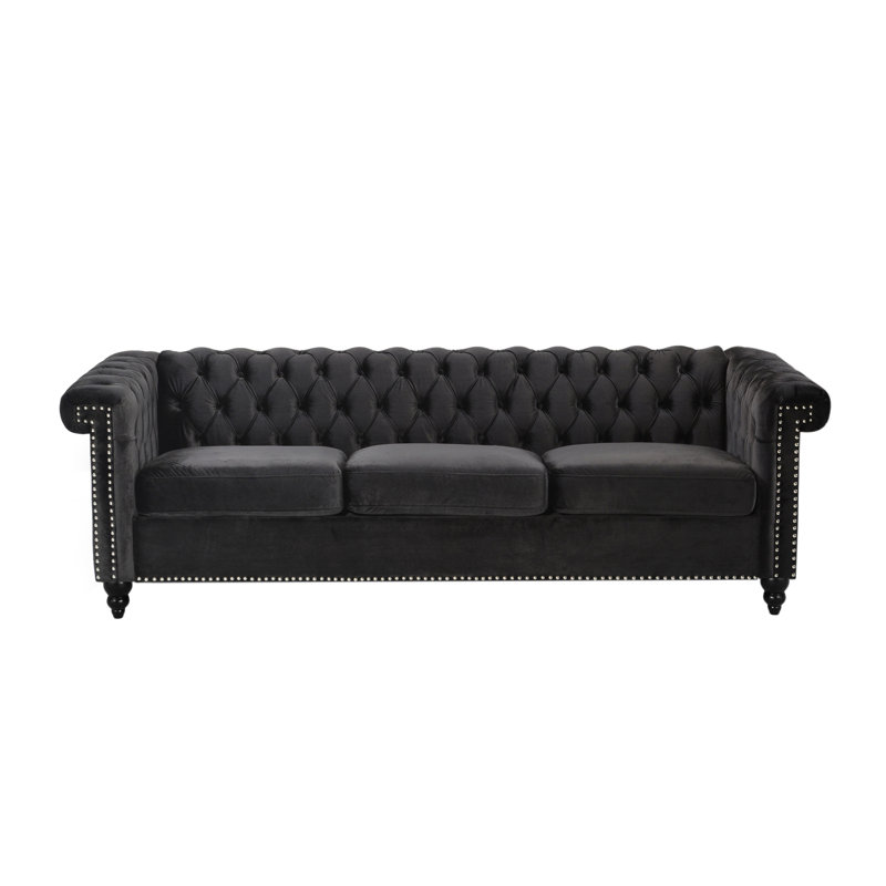 Élégant velours noir 3 po avec capitonnage à boutons profonds et touche moderne élégante à 3 places avec détails cloutés
