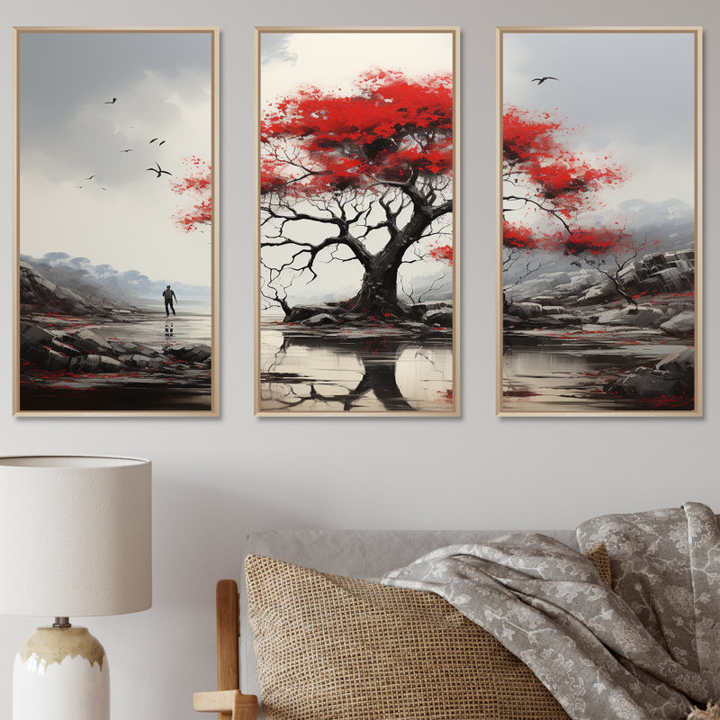 «Red Baobab Tree Landscape I» - ensemble de salon mural art baobab rouge, H 28 po x l 36 po x P 1 po, Cadre naturel flottant