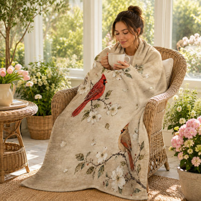 Jeté Cardinal Vintage Blossom, oiseaux rouge et brun clair avec fleurs blanches sur fond beige chaud, couche de flanelle pour canapé, chambre à coucher et coin lecture, 50 x 60 po