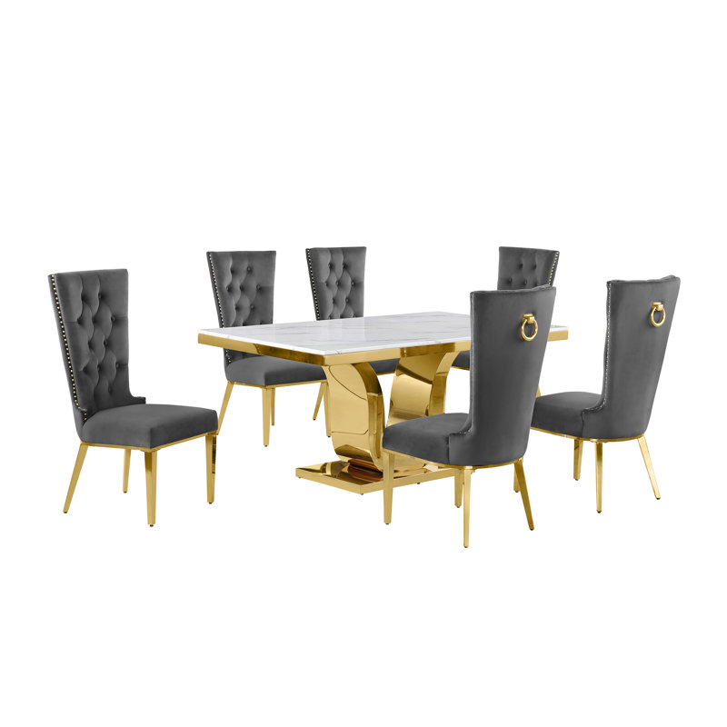 Kievie Marble Top Pedestal Dining Set, 7 Piece Dining Set, Gray