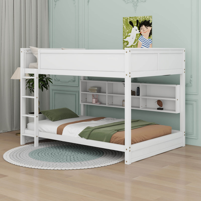 Lit superposé grand sur grand avec armoires de rangement et ports de chargement USB, Blanc