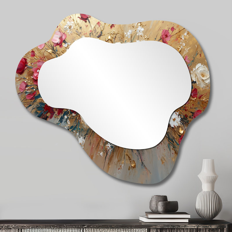 Wildflowers And Rose Autumn Harmony - Roses Irregular Asymmetrical Mirror, Modern Wall Mirror, Printed on Metal, 25" x 28"
