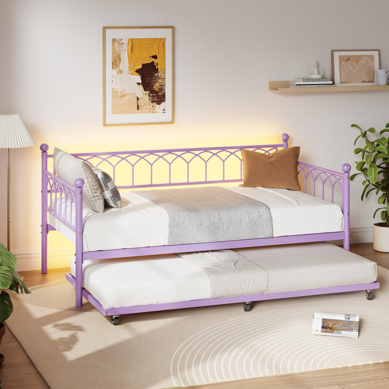 Twin Daybed with Trundle, Metal Trundle Bed with Charging Station & LED Lights, Sofa Bed Frame with 6 Locking Caster Wheels