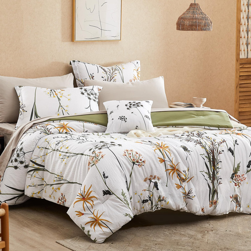 Comforter Set, Comforter Set with Pattern, Soft Seersucker Design All Season Microfiber Bedding Set, White/Green Floral