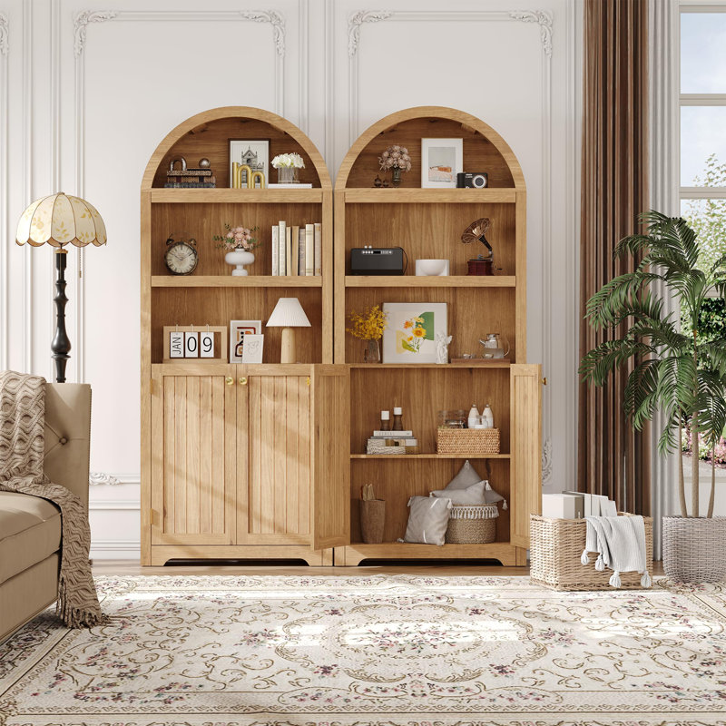 Tall 72" Arched Wooden Bookcase Cabinet, 5-Tier Adjustable Shelves, Double Doors, Versatile Storage, Yellow