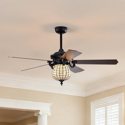 Charlim 5-blade Matte Black Lighted Ceiling Fan With Bee-hive Tiffany Glass Shade Remote Control