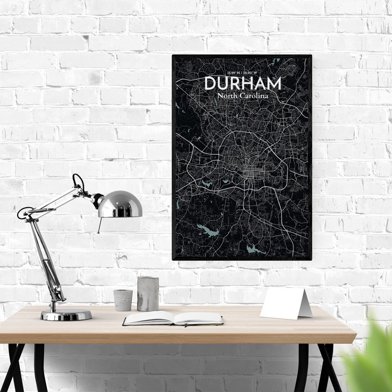 Durham City Map, impression, H 36 po x l 24 po, Gris/noir