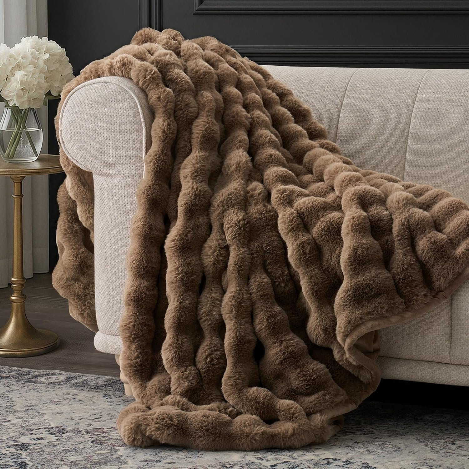 Faux Fur Weighted Throw Blanket, Natural Tan, 90" L x 90" W