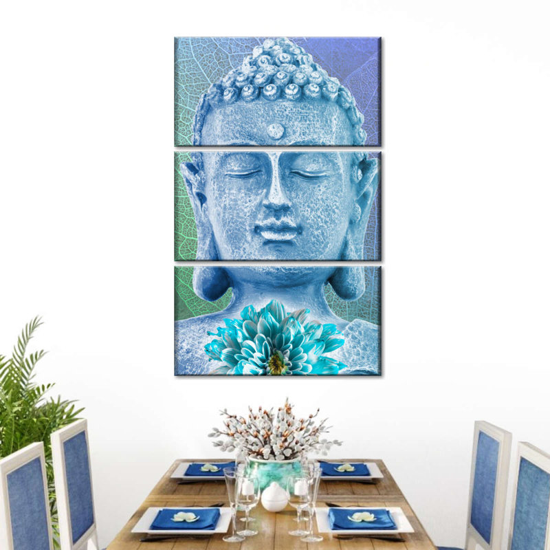 Bouddha turquoise 3 pièces, H 38 po x l 24 po x P 1,25 po