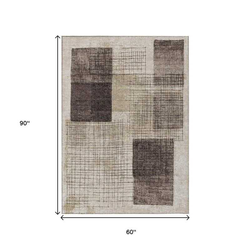Tapis intérieur / extérieur géométrique lavable brun et taupe 5 pi x 8 pi