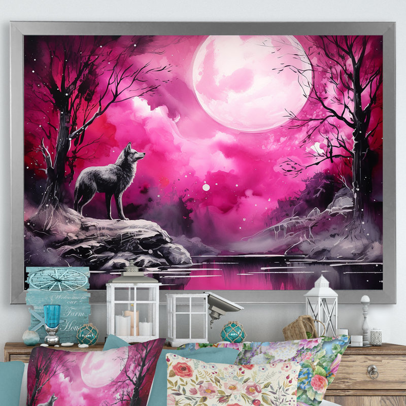 Clair de lune, loup, merveille - impression, Cadre simple argenté, H 34 po x l 44 po x P 1,5 po