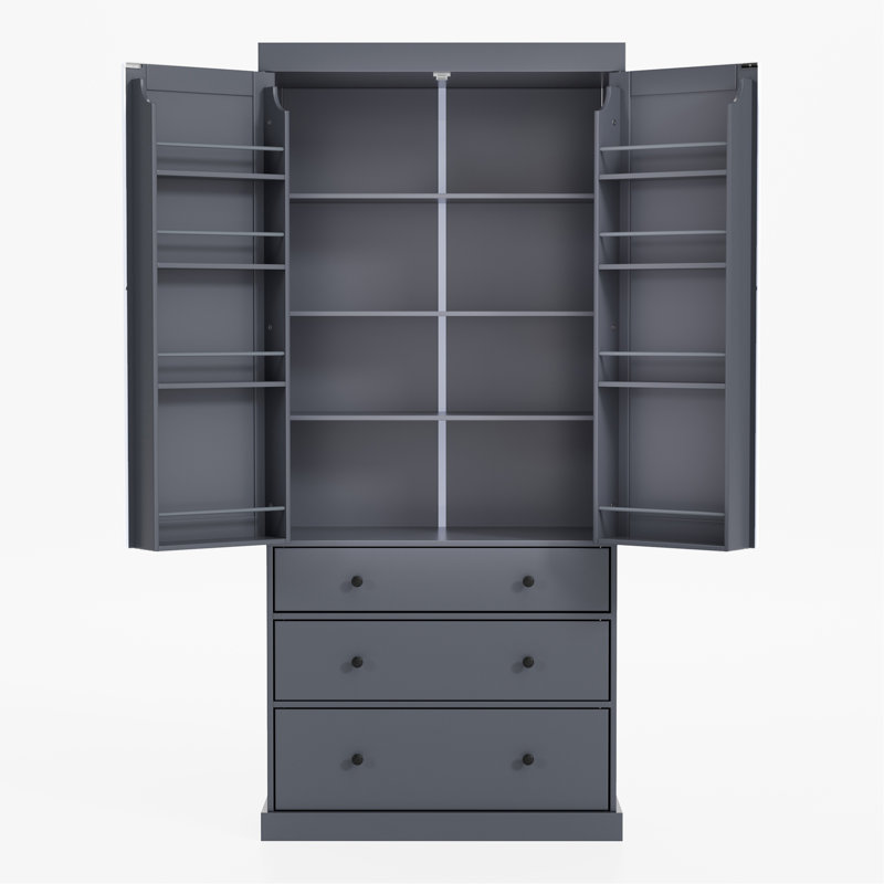 Spacieux garde-manger de style campagnard de 77 pouces avec 3 tablettes réglables, 8 tablettes de porte et 3 tiroirs pour un rangement organisé