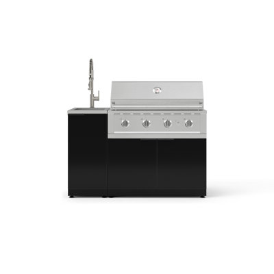 Ensemble d'armoires d'extérieur en aluminium noir 3 pièces avec évier, armoire de barbecue, barbecue au propane liquide 40 po et robinet en nickel brossé