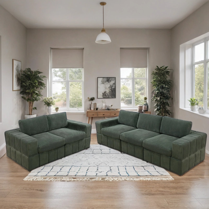 5- Picec Premium Corduroy Reversible Modular Living Room Sofa Set, Green