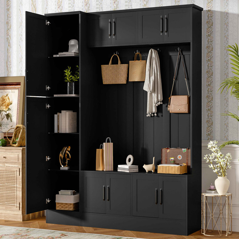 VIBE HAUS 79'' Tall Modern Hall Tree With Shoe Storage, 4-In-1 Entryway Bench With 6 Cabinets, 4 Coat Hooks & Adjustable Shelf