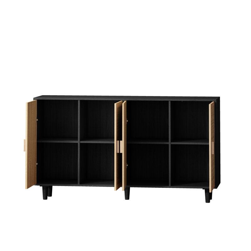 62.20"Elegant And Functional 4-Door Rattan Decorative Storage Cabinet,For Bedroom,Living Room,Office,Easy Assembly,Black