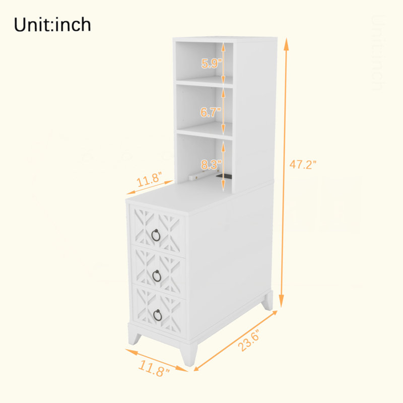 End Table With 3 Drawers, Corner Table With 2 Open Shelves, Tall Side Table For Bedroom And Corner, White