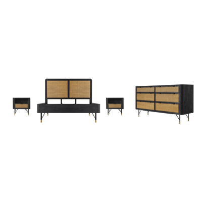 Aldford 4 Piece Bedroom Set In Black Acacia Wood And Rattan by Bayou Breeze