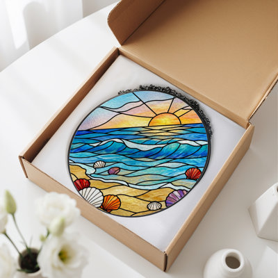12"H Sunset Beach Stained Glass Window Panel