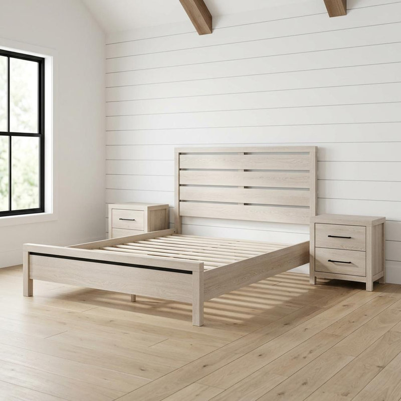 Lit plateforme blanc avec 2 tables de chevet, design contemporain, facile à assembler, parfait pour les chambres modernes