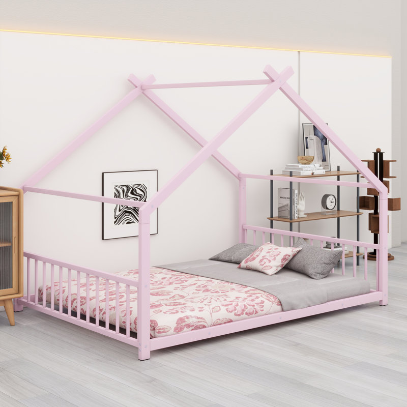 Metal House Bed Frame with Classic Roof Design, Pink