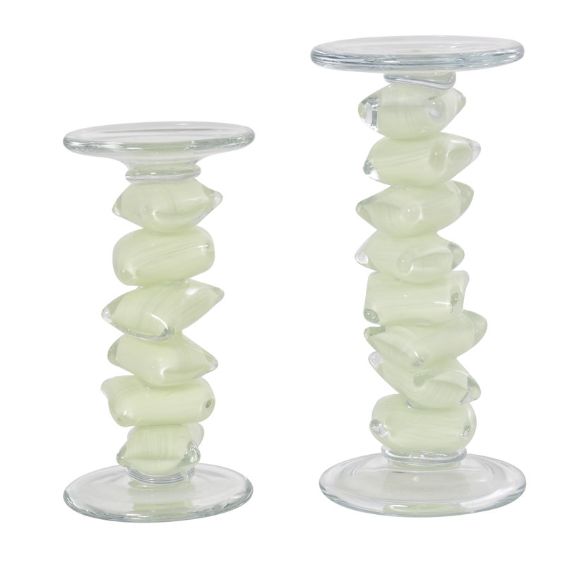 Glass Stacked Stone Decorative Candle Holder Set, Green