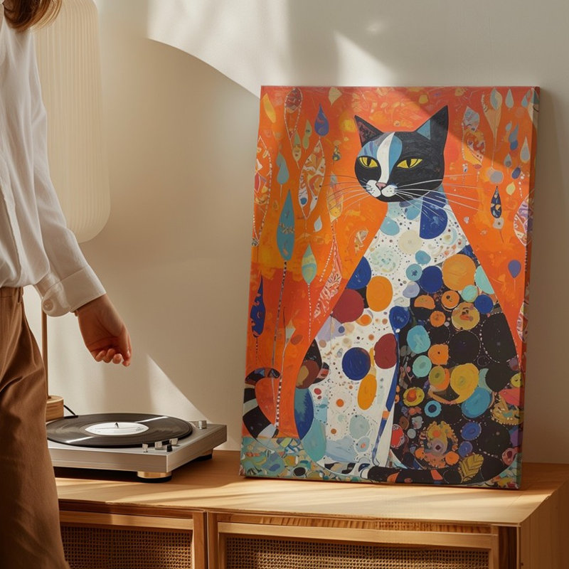 Grand chat moderne abstrait félin stylisé avec des couleurs rétro sur toile, prêt à accrocher, de qualité supérieure