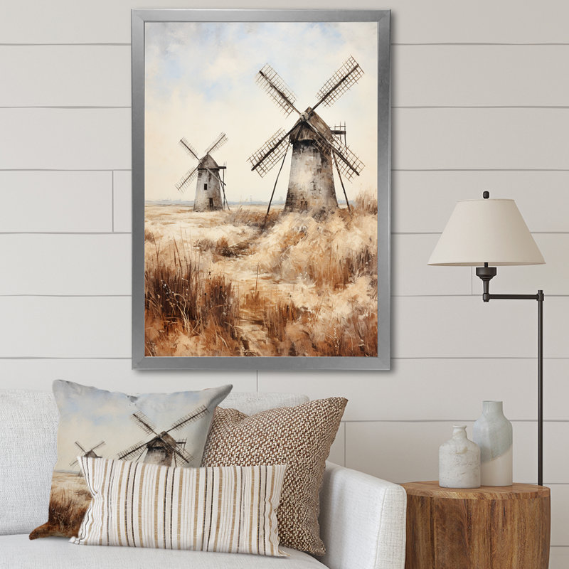 «Vintage Windmill Sepia View II - Wind Turbines», art mural, Black Picture Framed, 20" H x 12" W