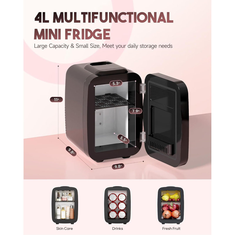 Mini réfrigérateur 4L / 6 canettes pour la peau avec miroir à DEL à intensité variable - glacière et réchaud portable pour cosmétiques, aliments, boissons | Idéal pour la chambre à coucher, le bureau, le dortoir et le miroir