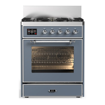 Cuisinière à double combustible 30 pouces avec 5 brûleurs scellés gris-bleu Majestic III Series (gaz naturel, garniture chromée)
