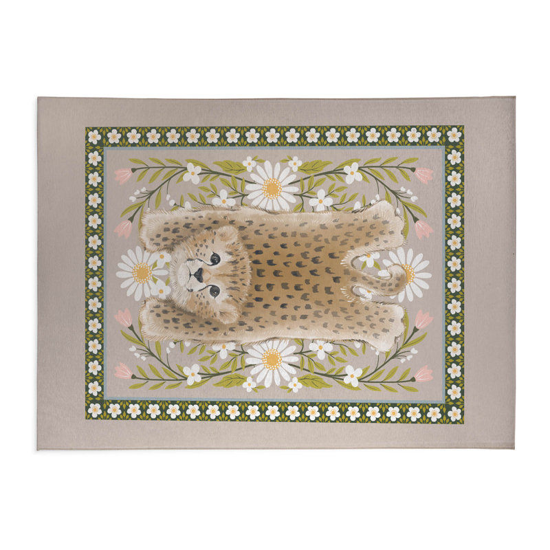 Lil Lying Leopard Flowers Kids Play Mat, Taupe, Rectangle 2' x 3'