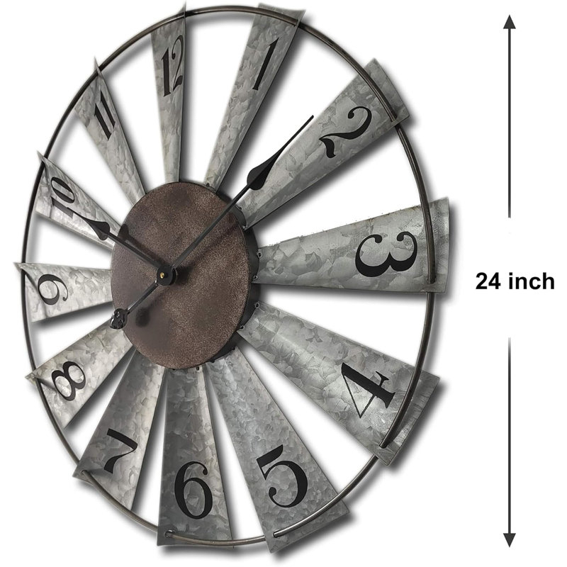 Oversized Distressed Metal Windmill Wall Clock with Rustic Finish