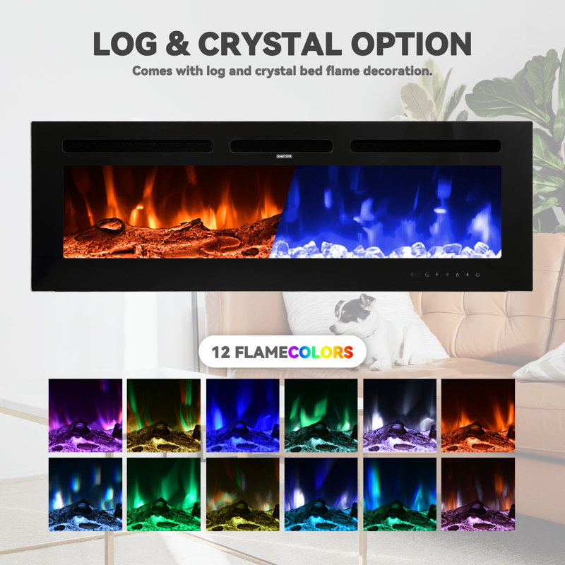 Foyer électrique encastré mural de 50 pouces avec télécommande, minuterie, 12 flammes, écran tactile, foyer linéaire avec foyer et cristal pour le salon