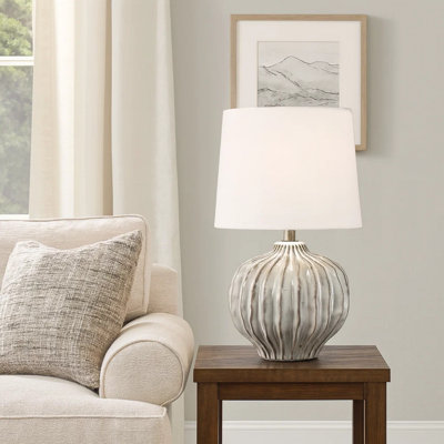 Lampe de table Riz, 20 po, céramique émaillée, gris argenté, lin blanc
