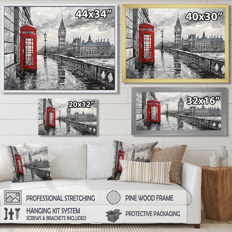 Yoann - City London Wall Ar, reproduction d'art murale, Toile avec cadre flottant brun, H 12 po x l 20 po x P 1 po