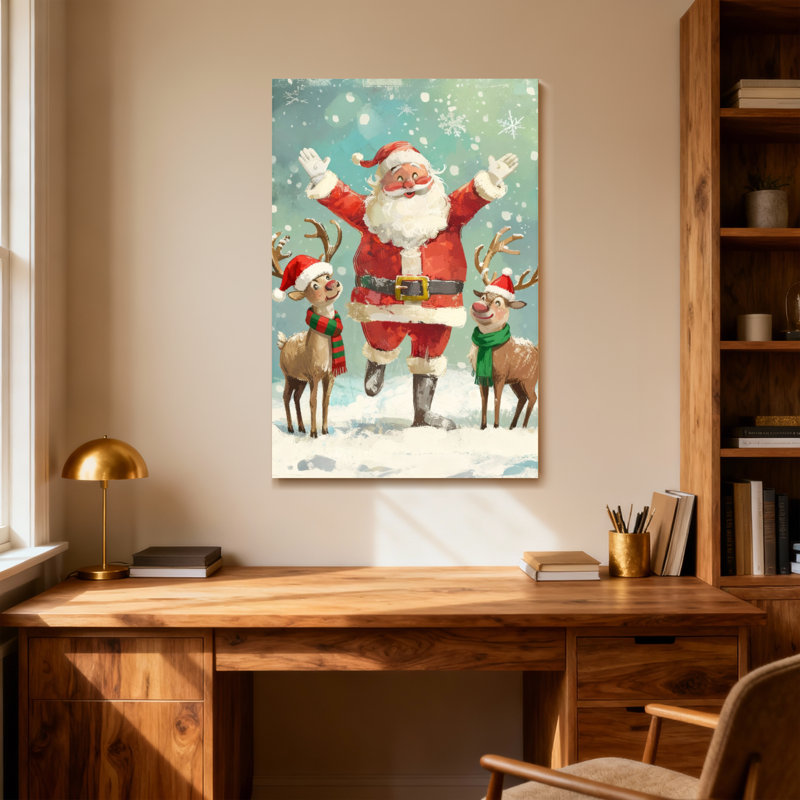Noël père Noël avec des rennes dans la neige, H 18 po x l 12 po