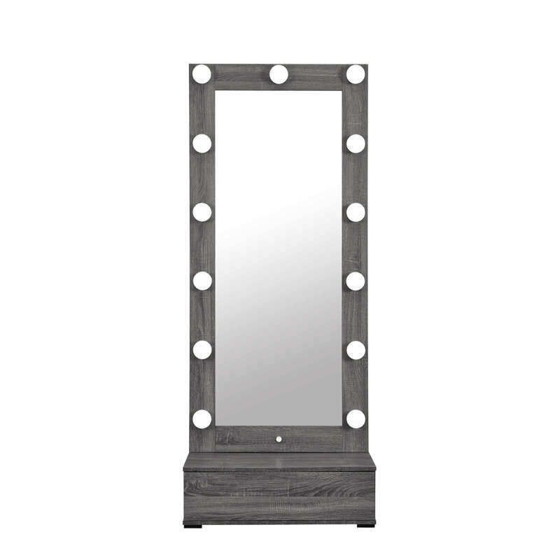 Grey Tall Mirror With Drawer And Speakers
