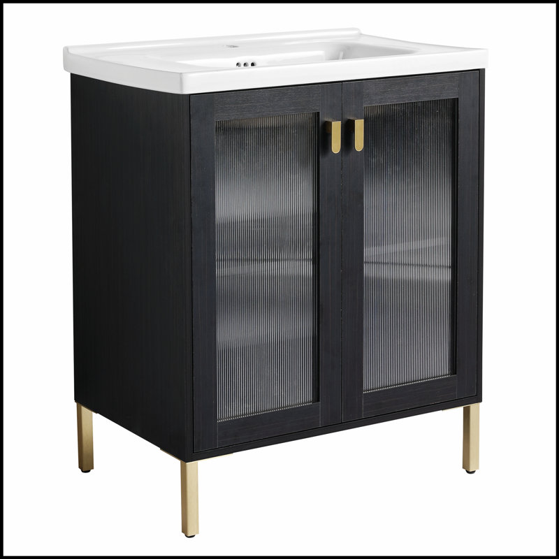 Meuble-lavabo autoportant de 28 pouces avec lavabo en céramique et porte à fermeture en douceur, fabrication en contreplaqué durable pour les intérieurs modernes
