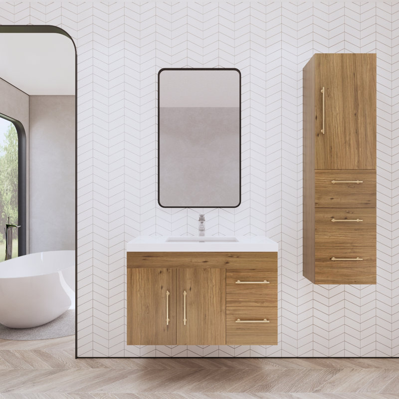 Blandon 35" Wall-Mounted Single Bathroom Vanity Set, Natural Oak