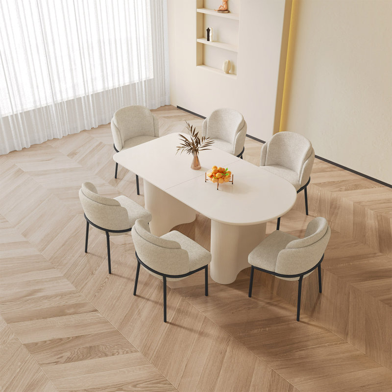 55.11" Modern Rectangle Cream White Dining Table Set with 6 Chairs for Kitchen, Bar, Living Room, 7 Pieces: Table, 6 Chairs