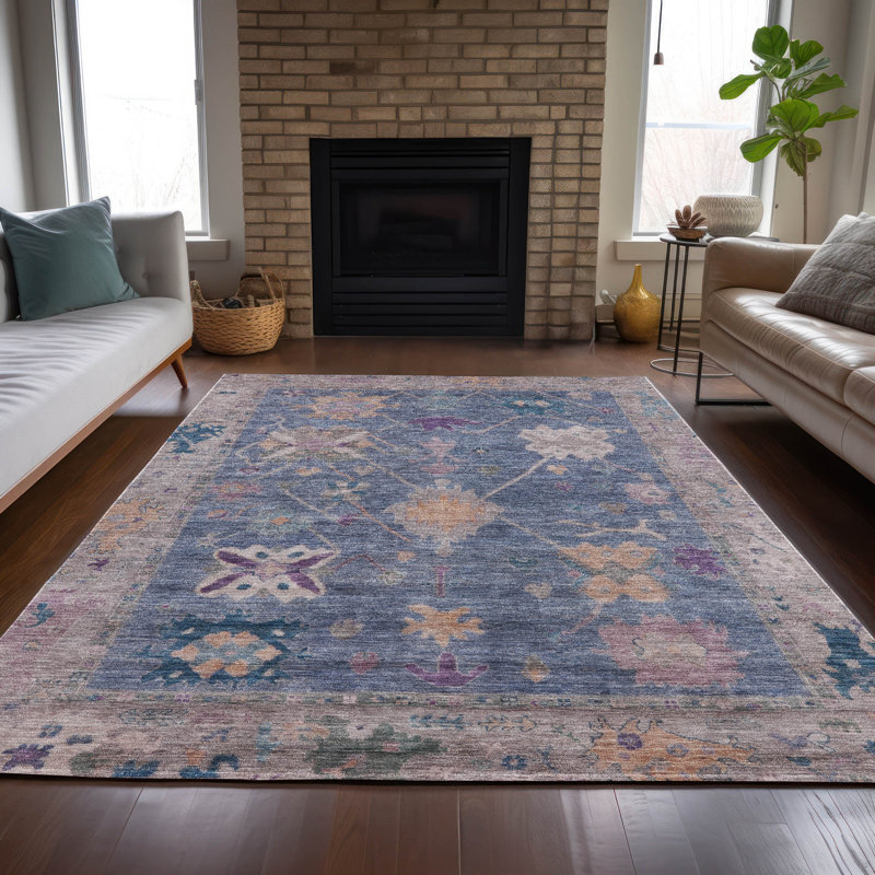 Tapis bleu intérieur / extérieur lavable à la machine Xhevrie, Rectangle 10 pi x 14 pi
