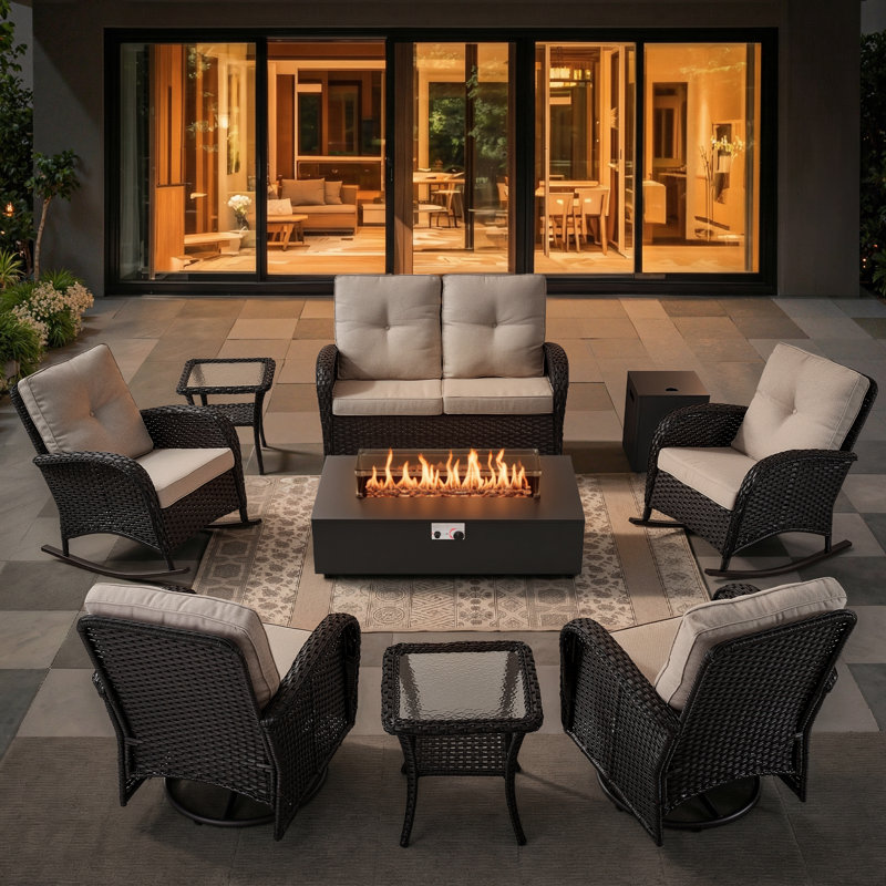 Esquer 8-Piece Outdoor Wicker Family Gathering Loveseat Conversation Set With Rocking & Swivel Chairs And Fire Pit Table