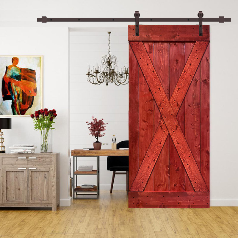 Porte de grange pré-assemblée et lambrissée avec panneau et quincaillerie d'installation, l 36 po x H 84 po, Rouge cerise