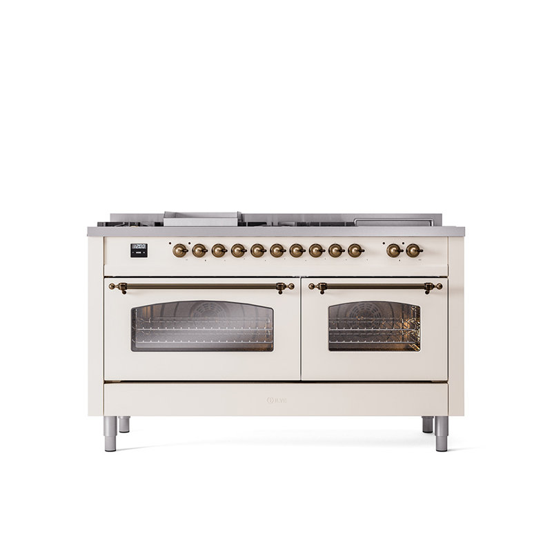 ILVE Nostalgie II 60 Dual Fuel Range, 5 Burners, Griddle, Frenchtop , Liquid Propane, Glossy Black/Brass
