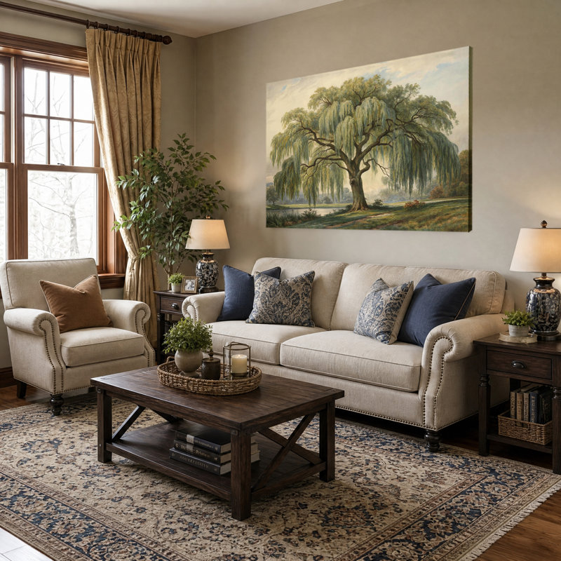 Tableau sur toile représentant un saule pleureur, Décoration murale représentant un saule, Affiche encadrée de style vintage représentant un paysage, Arbres pour le salon